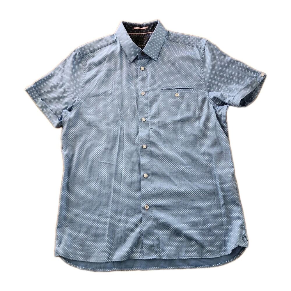 Ted Baker Short Sleeve Blue White Polka Dot Button Up Shirt Stretch Casual Sz 4 - Picture 2 of 8
